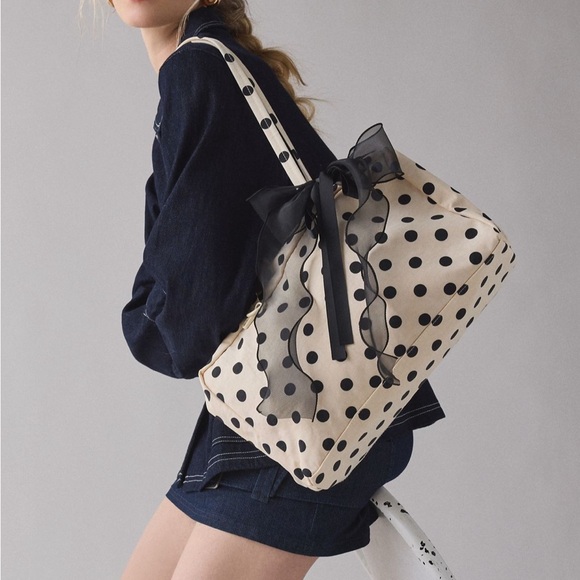 BAGGU Handbags - BAGGU White Polka Dot - Medium Nylon Bowler Bag NWT
